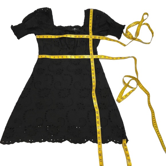 7 For All Mankind Black Eyelet Puff Sleeve Mini Dress S Cottagecore Milkmaid - Picture 7 of 10